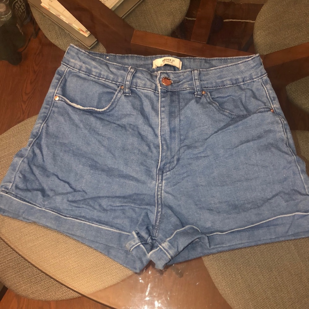 Forever 21 High Waist Denim Shorts With Cuff